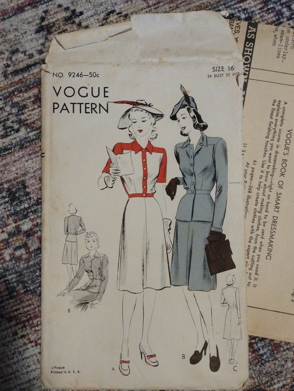 Vogue Pattern 9246 Vintage Dress Pattern - Cream, Red, Gray Illustration